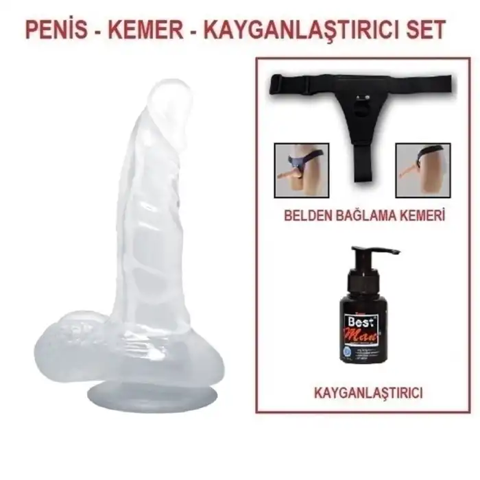 #BDM0818B - 16,7 cm Belden Bağlamalı Şeffaf Realistik Damarlı Vantuzlu Dildo Penis