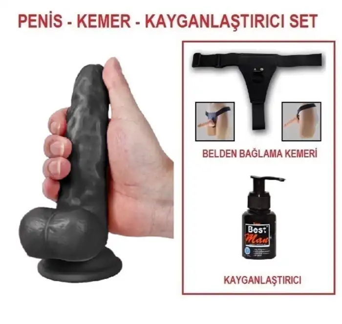 #U6102B - 17 cm Belden Bağlamalı Realistik Dildo Zenci Penis Set