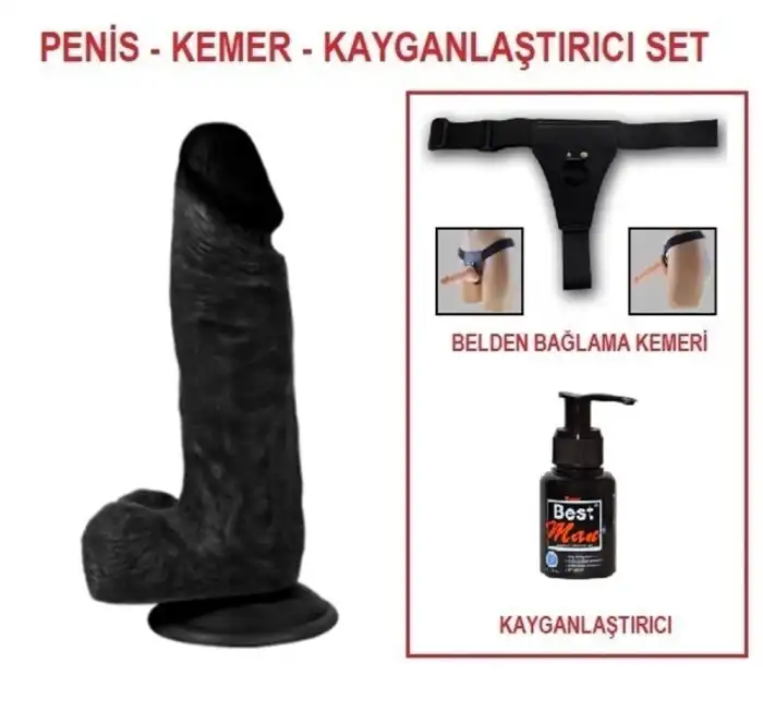 #BDM10032B - 17 cm Belden Bağlamalı Realistik Dildo Zenci Penis Set