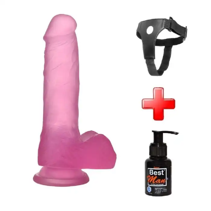 #LV3101PB - 17,5 cm Belden Bağlamalı Şeffaf Realistik Damarlı Vantuzlu Pembe Dildo