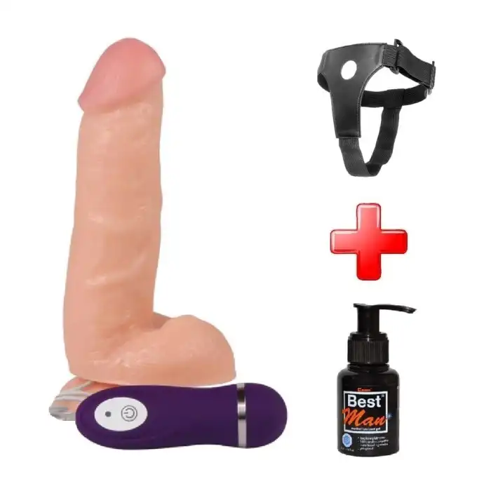 #BDM10015VB - 17,5 cm Belden Bağlamalı Titreşimli Realistik Dildo Penis Set