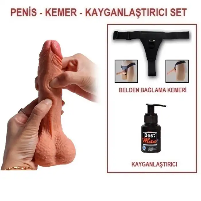 #U6135B - 18,5 cm Belden Bağlamalı Çift Katmanlı Realistik Dildo Penis Set