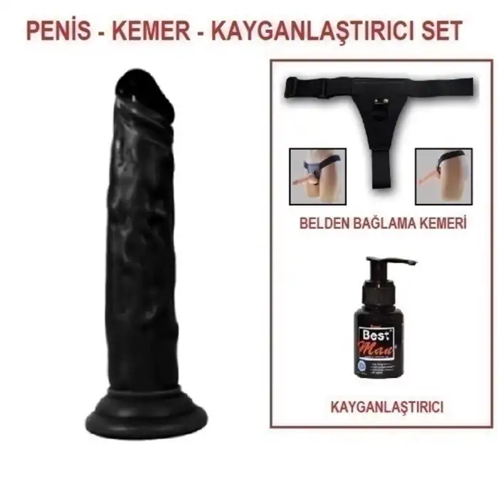 #BDM10031B - 18,5 cm Belden Bağlamalı Realistik Testissiz Zenci Dildo Penis Set
