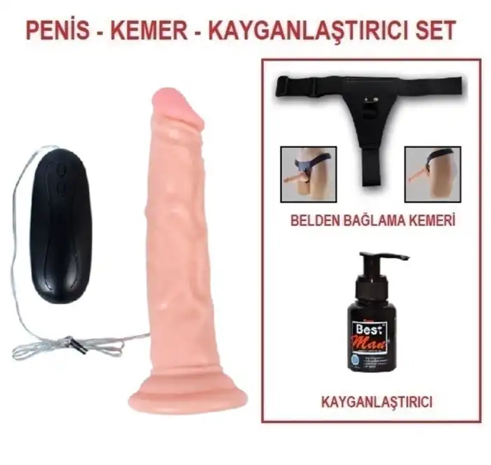 #U6019B - 18,5cm Belden Bağlamalı Titreşimli Realistik Testissiz Dildo Penis Set