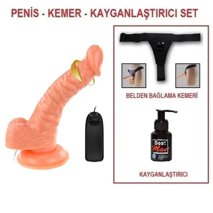 #BDM8082B - 19 cm Belden Bağlamalı Gerçekçi Titreşimli Dildo Vibratör Penis Set