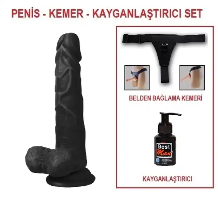 #U6101B - 19 cm Belden Bağlamalı Realistik Dildo Zenci Penis Set