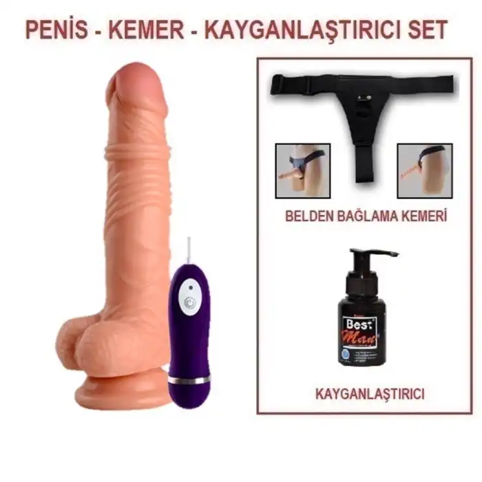 #BDM10023VB - 19 cm Belden Bağlamalı Titreşimli Realistik Dildo Penis Set