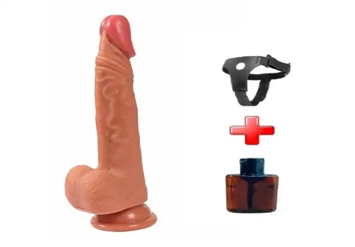 #BDM1029B - 19,5 cm Belden Bağlamalı Yeni Nesil Çift Katmanlı Realistik Dildo