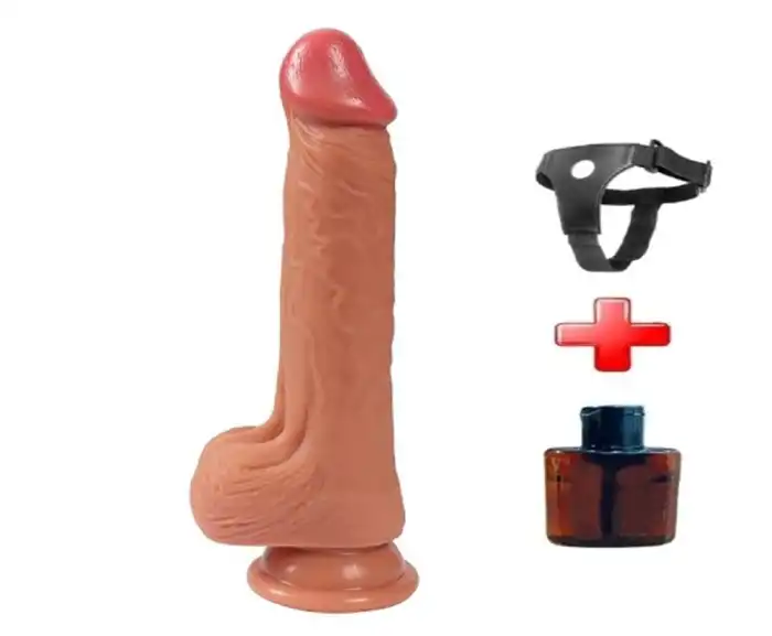 #BDM1028B - 20 cm Belden Bağlamalı Çift Katmanlı Realistik Vantuzlu Dildo