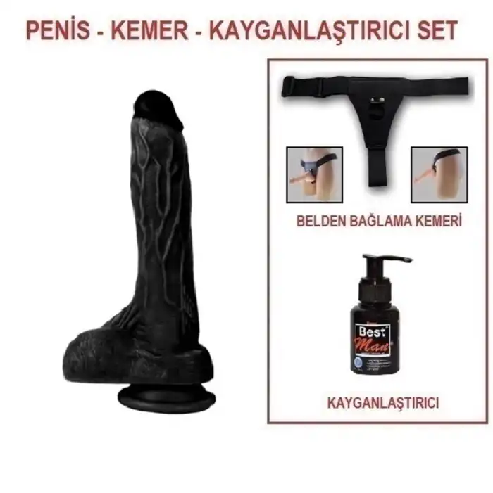 #BDM10030B - 20,5 cm Belden Bağlamalı Realistik Dildo Zenci Penis Set