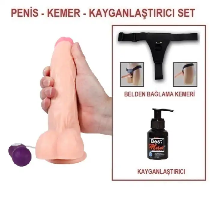 #BDM10017VB - 20,5 cm Belden Bağlamalı Titreşimli Realistik Dildo Penis Set