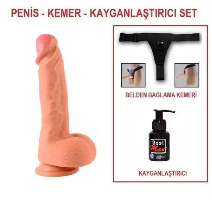 #BDM10029B - 22 cm Belden Bağlamalı Çift Katmanlı Realistik Dildo Penis Set