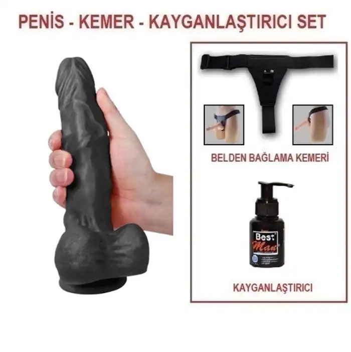 #U6103SB - 23,5 cm Belden Bağlamalı Realistik Dildo Zenci Penis Set