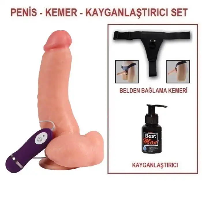 #BDM10021VB - 22,5 cm Belden Bağlamalı Titreşimli Realistik Dildo Penis Set
