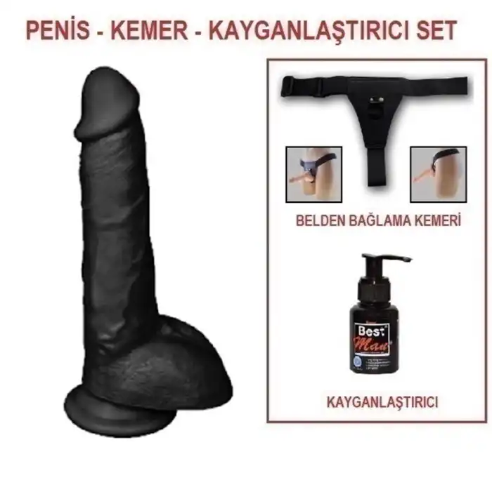 #BDM10021SB - 25,5 cm Belden Bağlamalı Realistik Dildo Zenci Penis Set