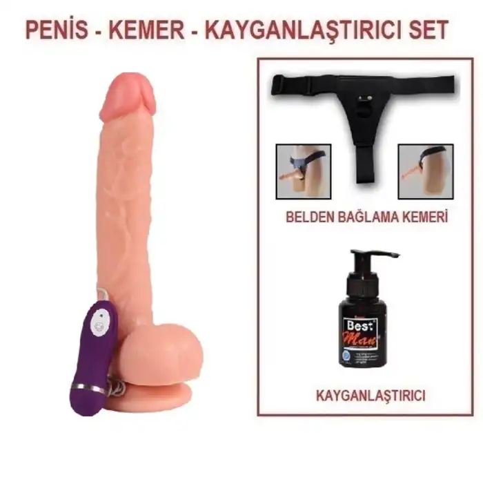 #BDM10014VB - 26 cm Belden Bağlamalı Titreşimli Realistik Dildo Penis Set