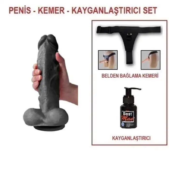 #U6098B - 27 cm Belden Bağlamalı Realistik Dildo Zenci Penis Set