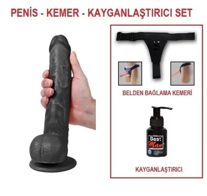 #U6106B - 28 cm Belden Bağlamalı Realistik Dildo Zenci Penis Set