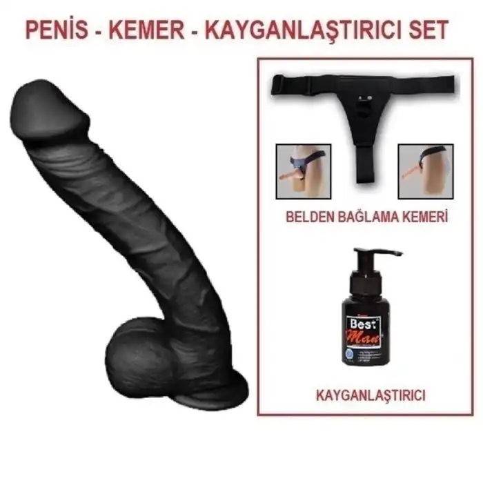 #BDM10020SB - 33 cm Belden Bağlamalı Realistik Dev Zenci Penis Set