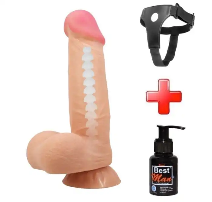 #BDM1328B - Belden Bağlamalı 21,8 cm Kıkırdak Yapılı Çift Katmanlı Gerçekçi Dildo
