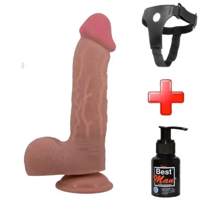 #BDM1319B - Belden Bağlamalı 23,4 cm Çift Katmanlı Gerçekçi Dildo Penis Melez