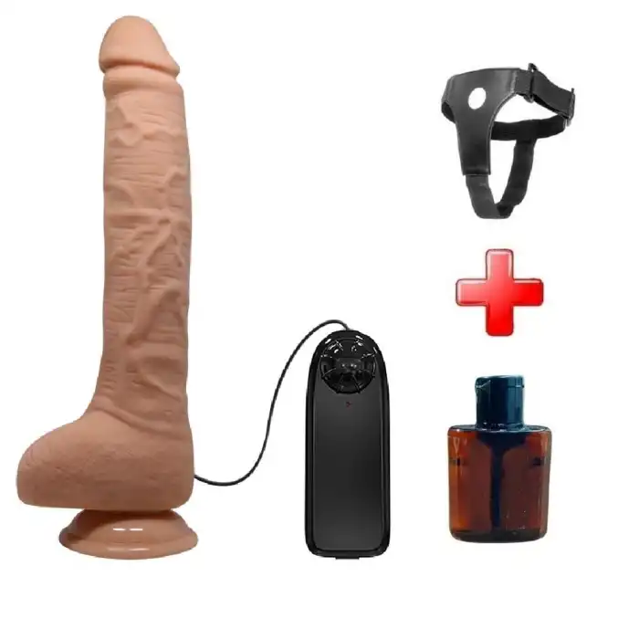 #BDM1249B - Belden Bağlamalı 28 cm Titreşimli Gerçekçi Kalın Dildo Penis - Dick