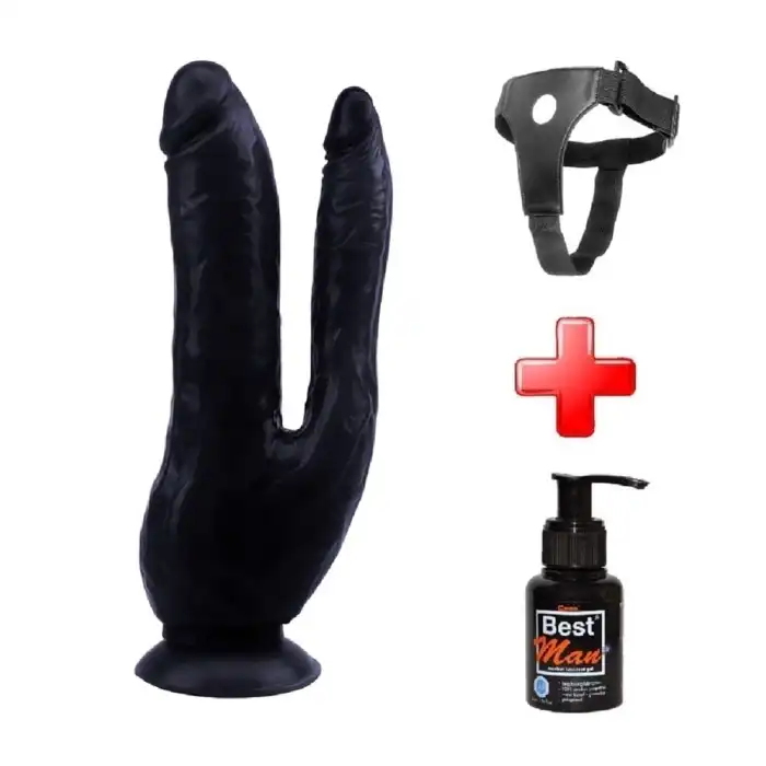 #BDM4647B - Belden Bağlamalı İki Uçlu Vantuzlu Realistik Çatal Zenci Dildo Penis