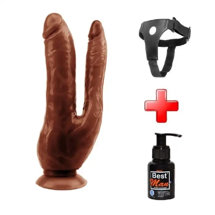 #BDM4645B - Belden Bağlamalı İki Uçlu Vantuzlu Realistik Çatal Melez Dildo Penis
