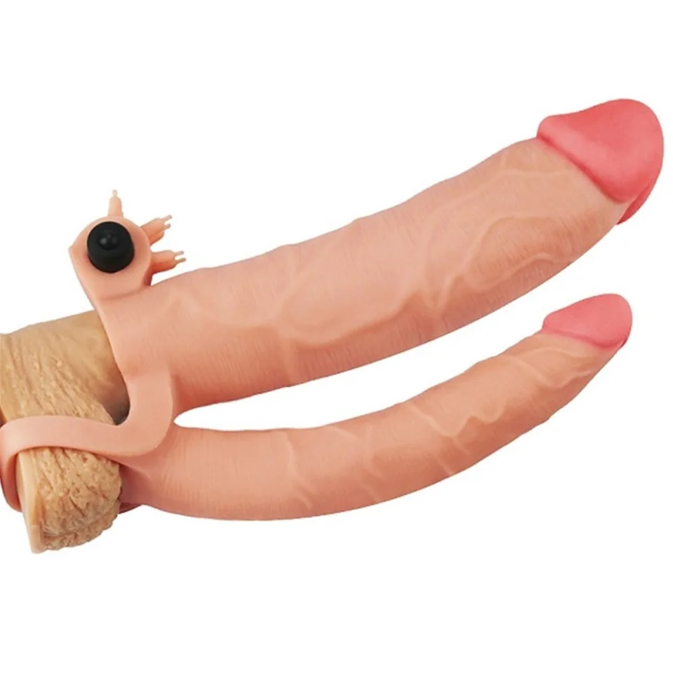 #7683 - 7,5cm Uzatmalı Çiftli İçi Boş Titreşimli 21cm Çatal Dildo Penis Kılıfı