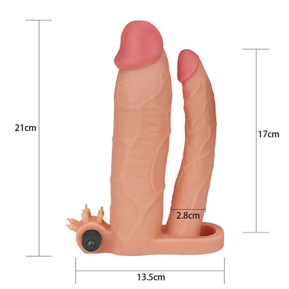 #7684 - 7,5cm Uzatmalı Çiftli İçi Boş Titreşimli 21cm Çatal Dildo Penis Kılıfı