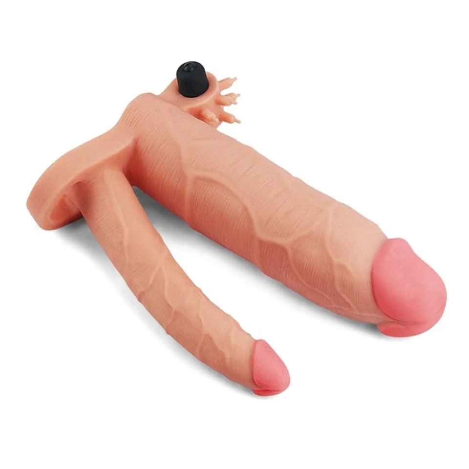 #7686 - 7,5cm Uzatmalı Çiftli İçi Boş Titreşimli 21cm Çatal Dildo Penis Kılıfı