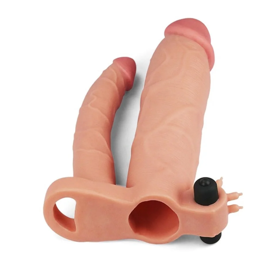 #7687 - 7,5cm Uzatmalı Çiftli İçi Boş Titreşimli 21cm Çatal Dildo Penis Kılıfı