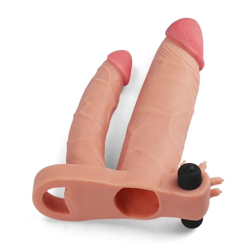#7689 - 2,5cm Uzatmalı Çiftli İçi Boş Titreşimli 18cm Çatal Dildo Penis Kılıfı