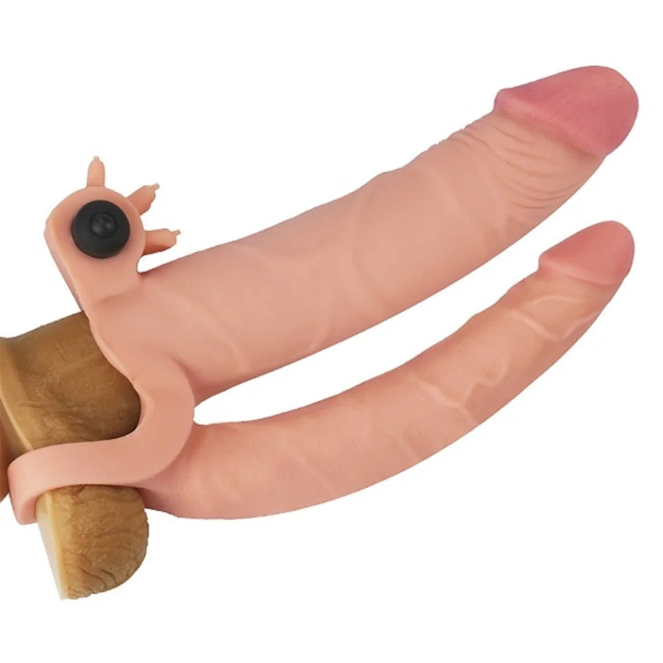 #7690 - 2,5cm Uzatmalı Çiftli İçi Boş Titreşimli 18cm Çatal Dildo Penis Kılıfı