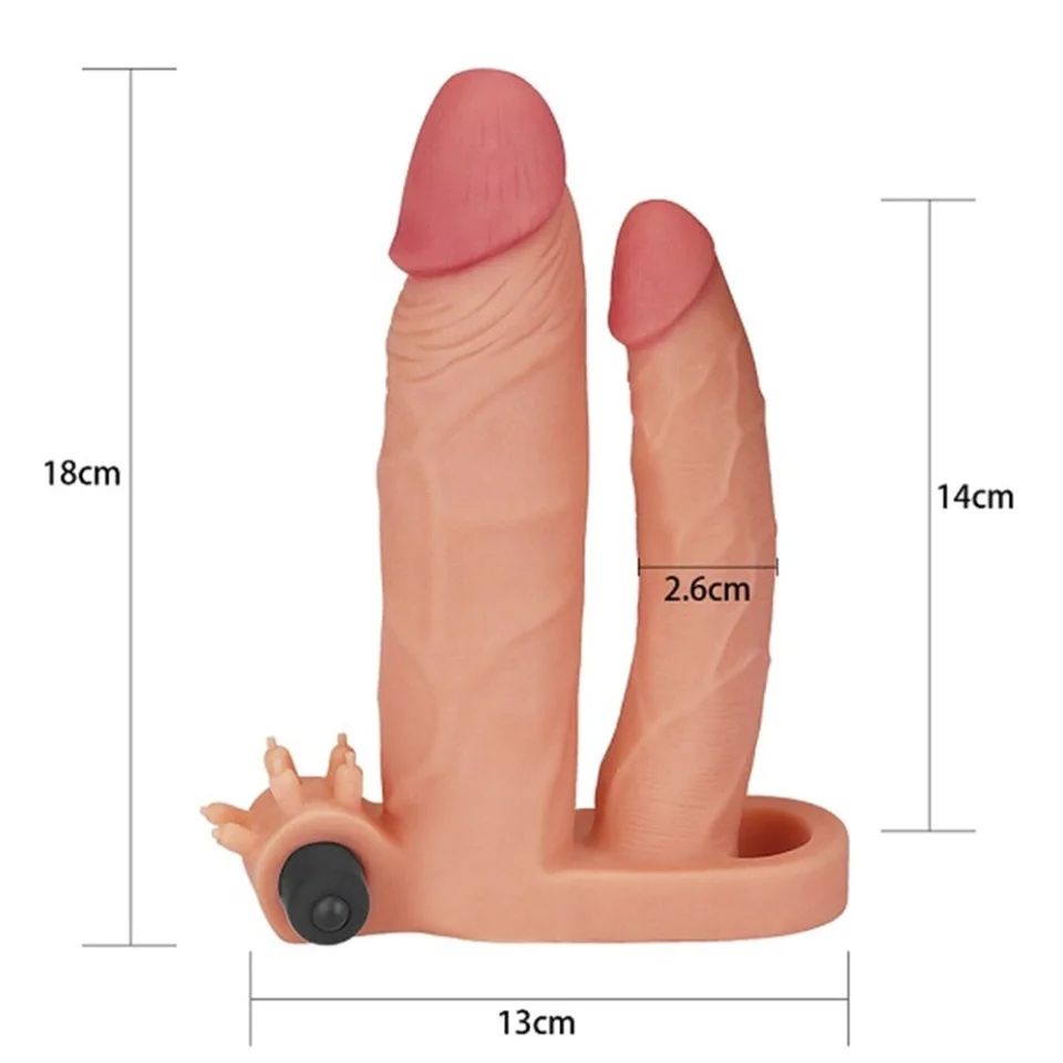#7694 - 2,5cm Uzatmalı Çiftli İçi Boş Titreşimli 18cm Çatal Dildo Penis Kılıfı