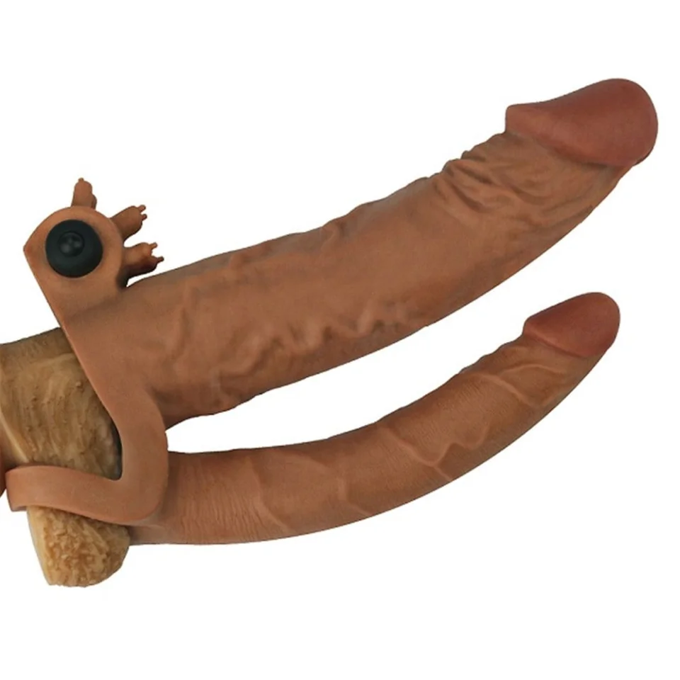 #7803 - 5 cm Uzatmalı Çiftli Titreşimli 19 cm Çatal Dildo Melez Penis Kılıfı