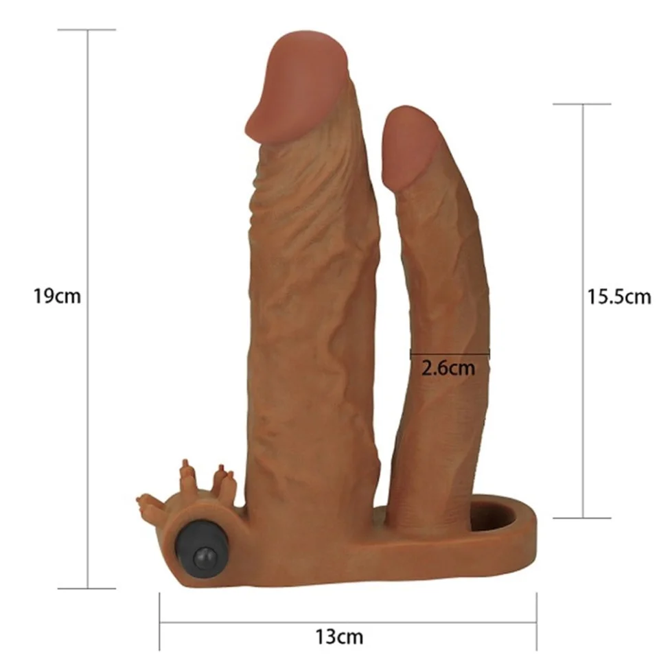 #7806 - 5 cm Uzatmalı Çiftli Titreşimli 19 cm Çatal Dildo Melez Penis Kılıfı