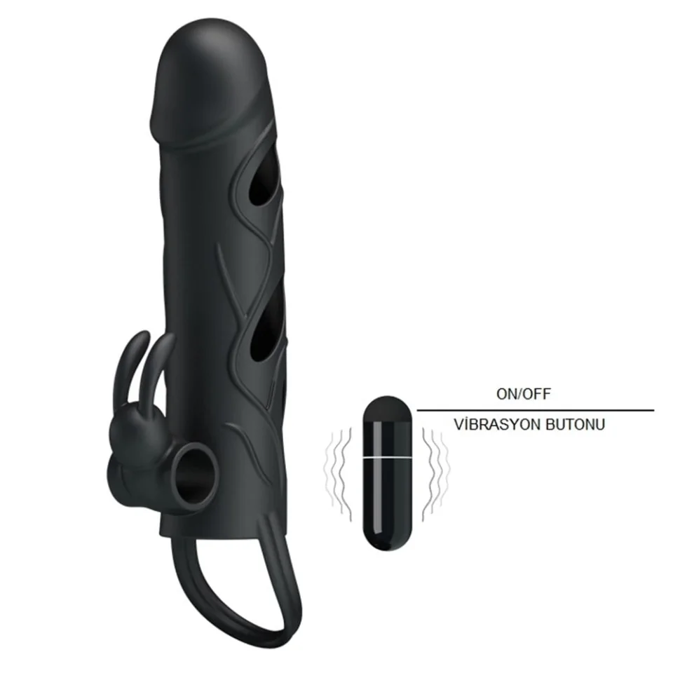 #7947 - Titreşimli Klitoral Uyarıcılı Uzatmalı Penis Kılıfı Zenci Penis