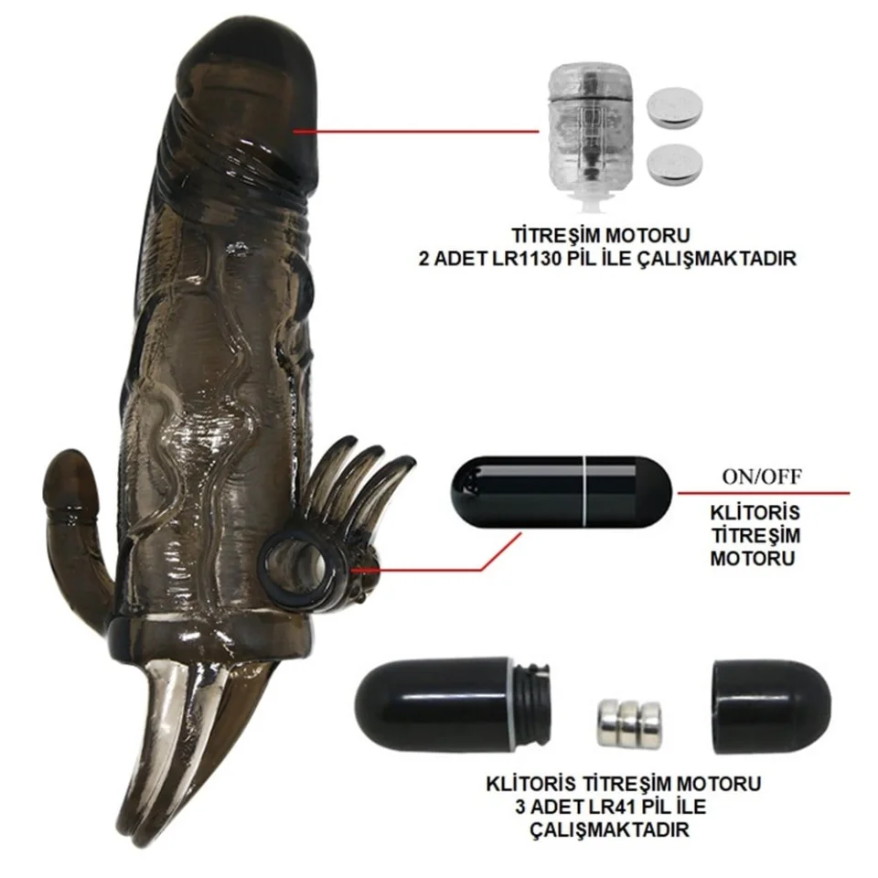 #7992 - 4 cm Uzatmalı Anal Vajinal Klitoral Uyarıcılı Titreşimli Penis Kılıfı