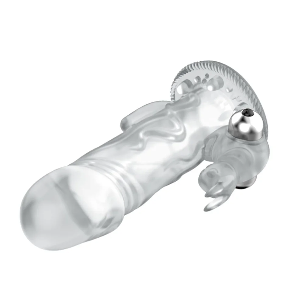 #8121 - 12,5 cm Klitoral Uyarıcılı Tavşan Titreşimli Şeffaf Penis Kılıfı