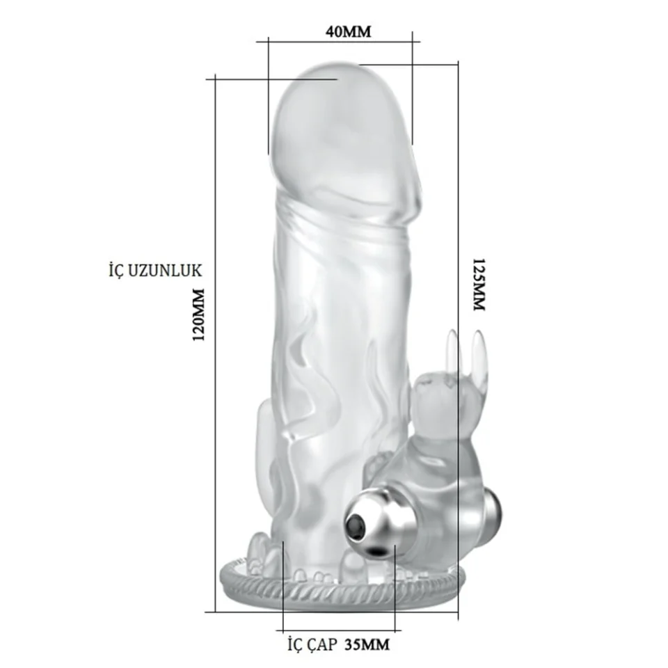 #8120 - 12,5 cm Klitoral Uyarıcılı Tavşan Titreşimli Şeffaf Penis Kılıfı