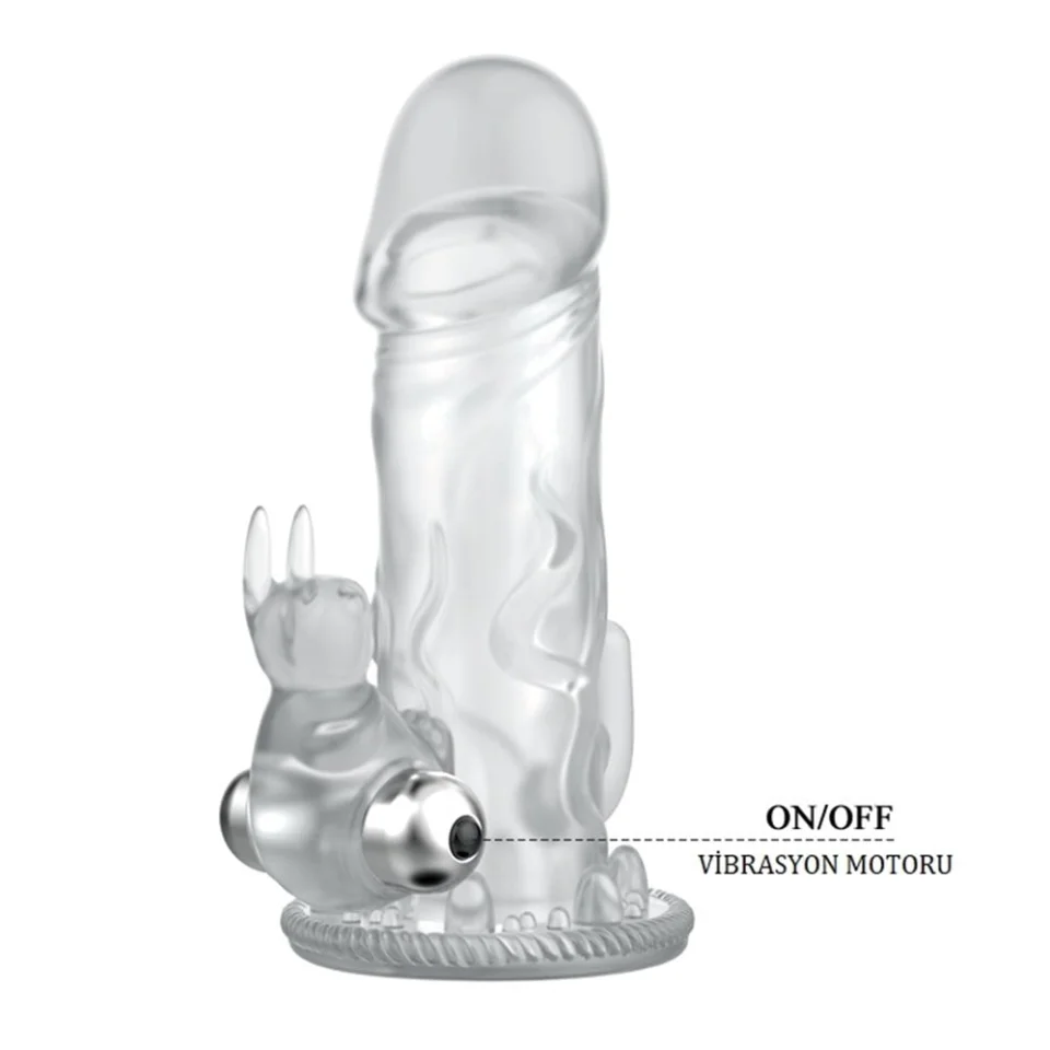 #8122 - 12,5 cm Klitoral Uyarıcılı Tavşan Titreşimli Şeffaf Penis Kılıfı