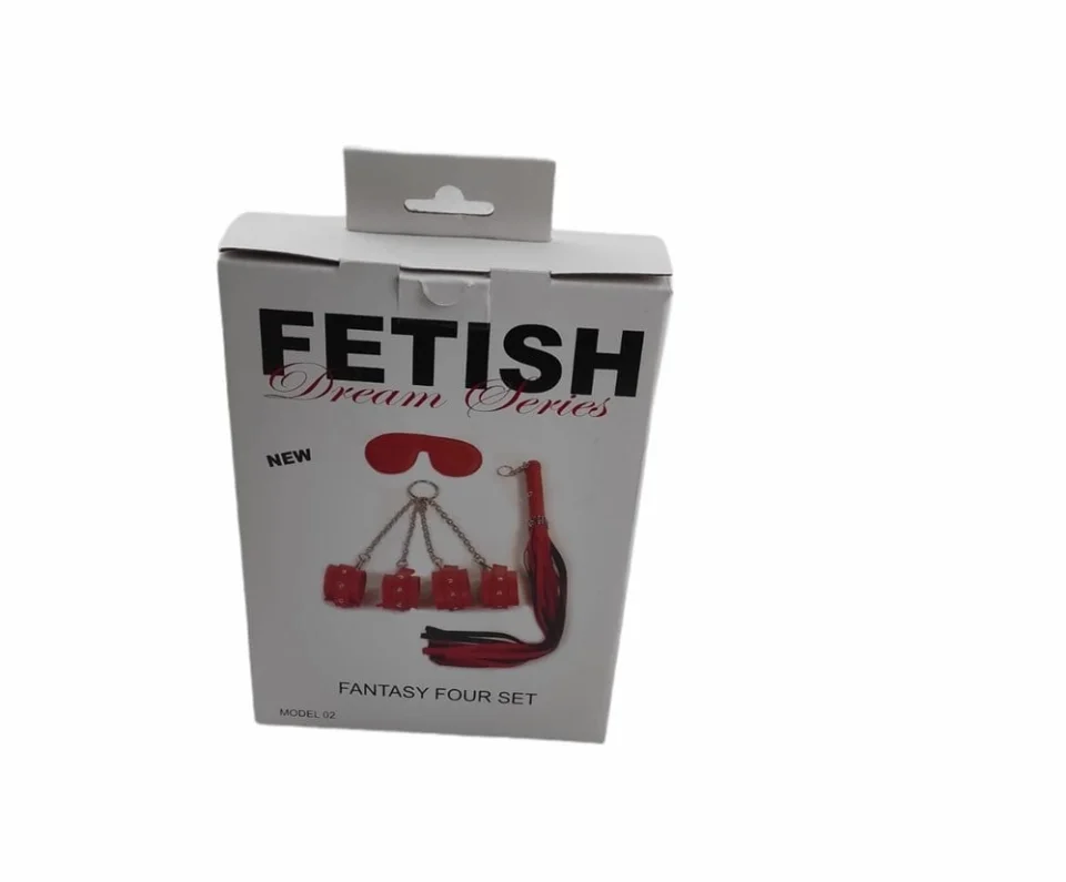 #8352 - Kırmızı Fetish Fantezi Seti - 4lü Kelepçe Kırbaç Göz Bandı