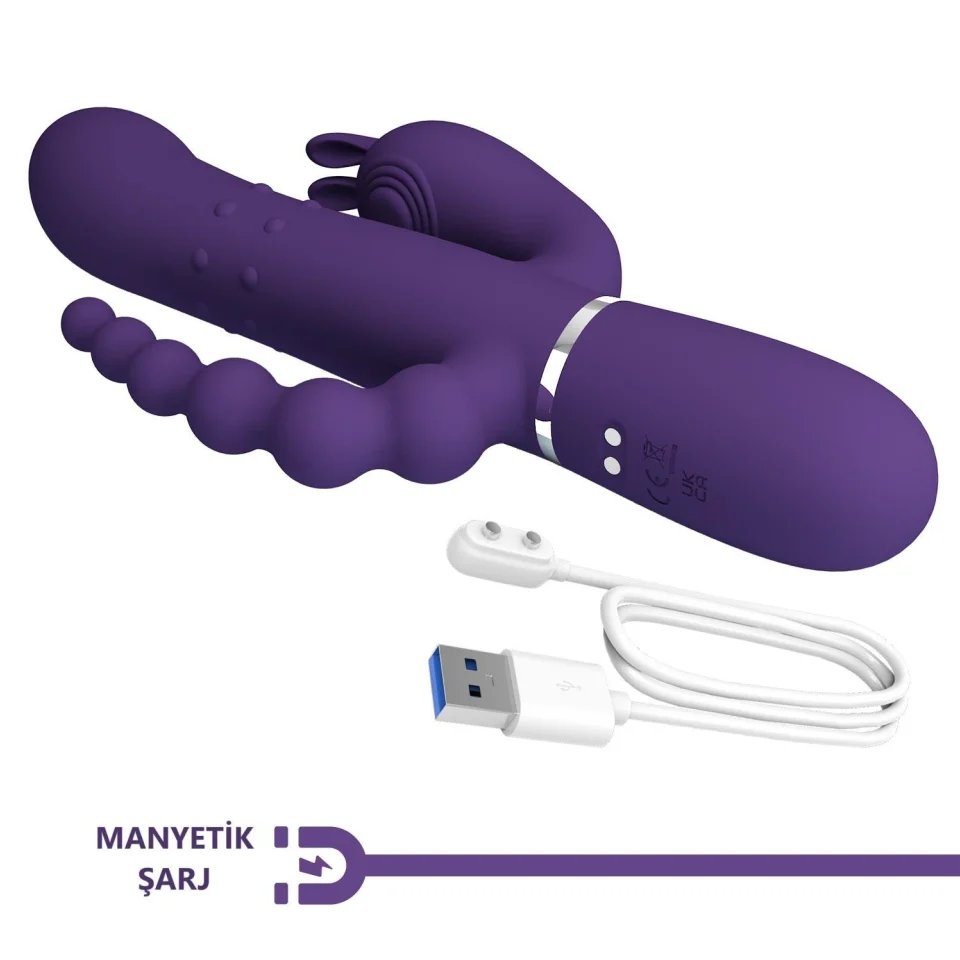 #11930 - Manyetik Şarjlı Oynar Gövdeli Klitoral & Anal Uyarıcılı Mor Vibratör