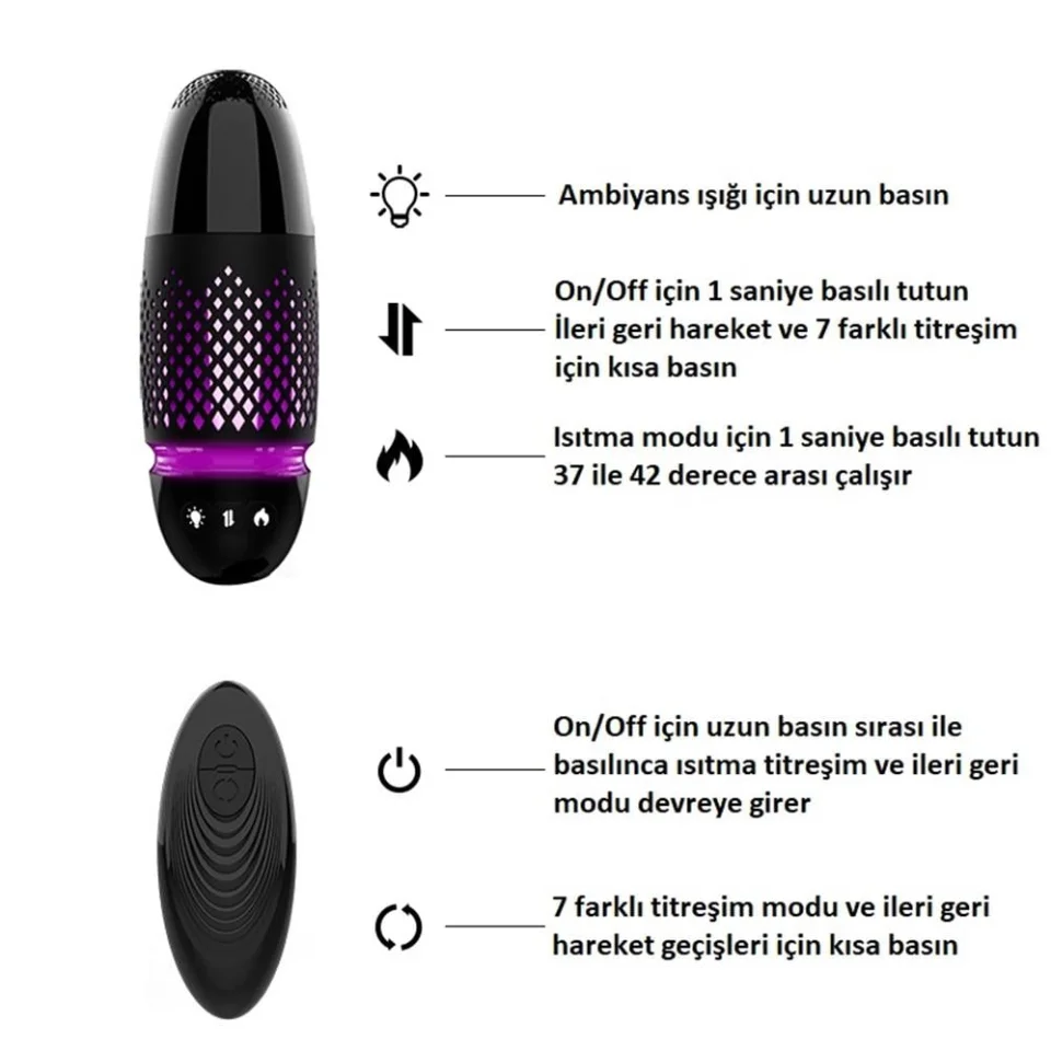 #1594 - Şarjlı Ambiyans Işıklı 7 İleri Geri Titreşim Fonksiyonu Isıtmalı Dildo