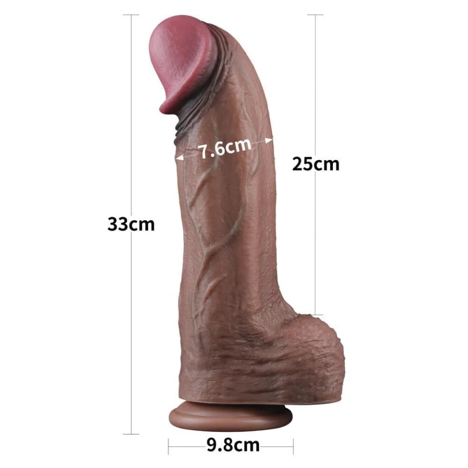 #225 - 33 cm Yeni Nesil Çift Katmanlı Realistik Dev Kalın Melez Dildo Penis