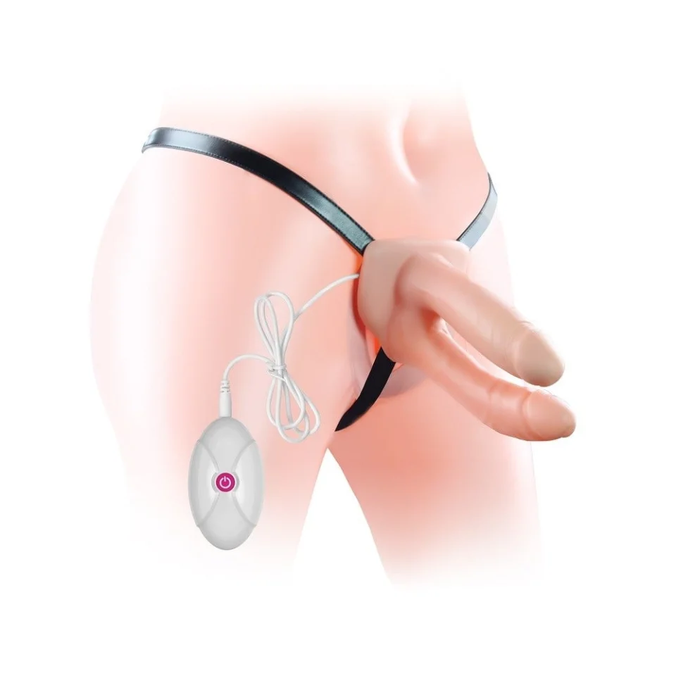#3879 - Belden Bağlamalı Titreşimli 12,5 cm İçi Boş İkili Çatal Strapon Penis