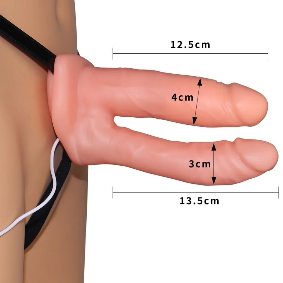 #3883 - Belden Bağlamalı Titreşimli 12,5 cm İçi Boş İkili Çatal Strapon Penis