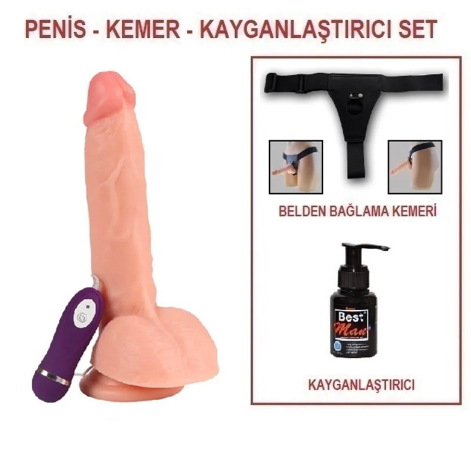 #4302 - 24,5 cm Belden Bağlamalı Titreşimli Realistik Dildo Penis Set