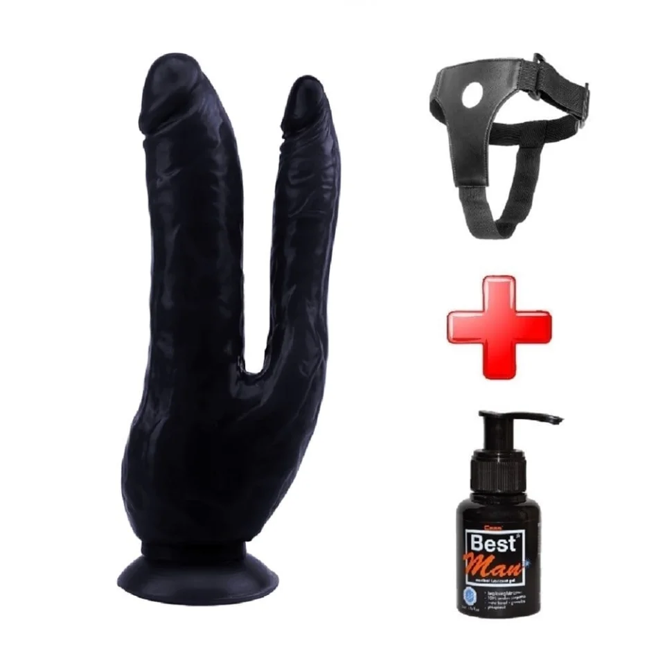 #5241 - Belden Bağlamalı İki Uçlu Vantuzlu Realistik Çatal Zenci Dildo Penis